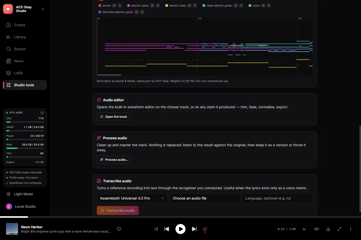 Any track to MIDI: a piano roll of every instrument, played against the original.