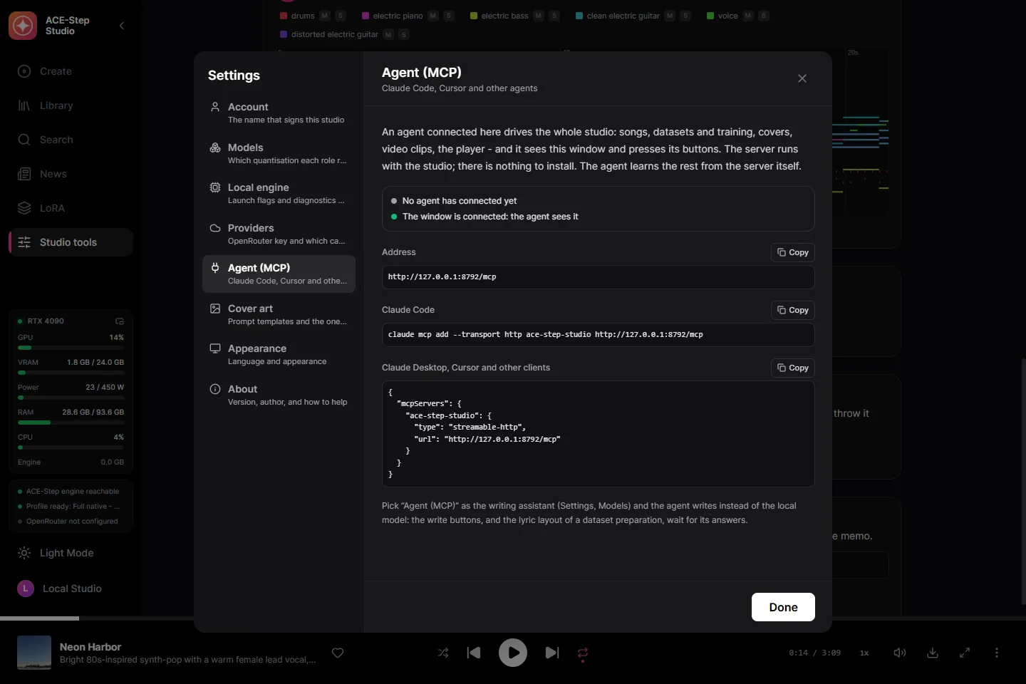 Connect an agent over MCP: the address and the lines to paste into Claude Code or any other client.