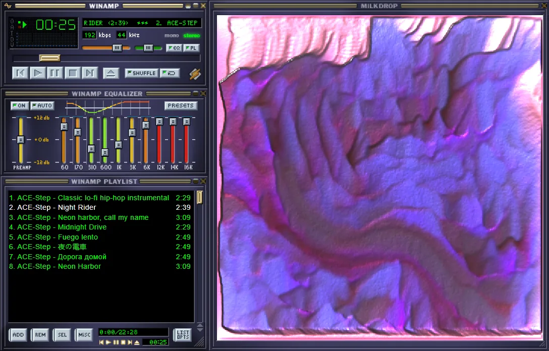 ウィンドウ全体が Winamp 2 に:イコライザー、プレイリスト、MilkDrop をスキン付きで。