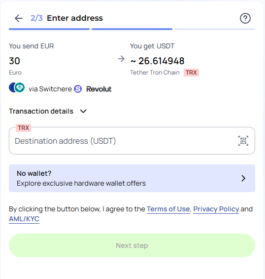 Changelly, step 2