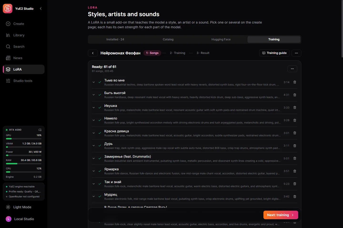 A dataset of 61 songs, each with its lyrics and style, found and written by the studio.