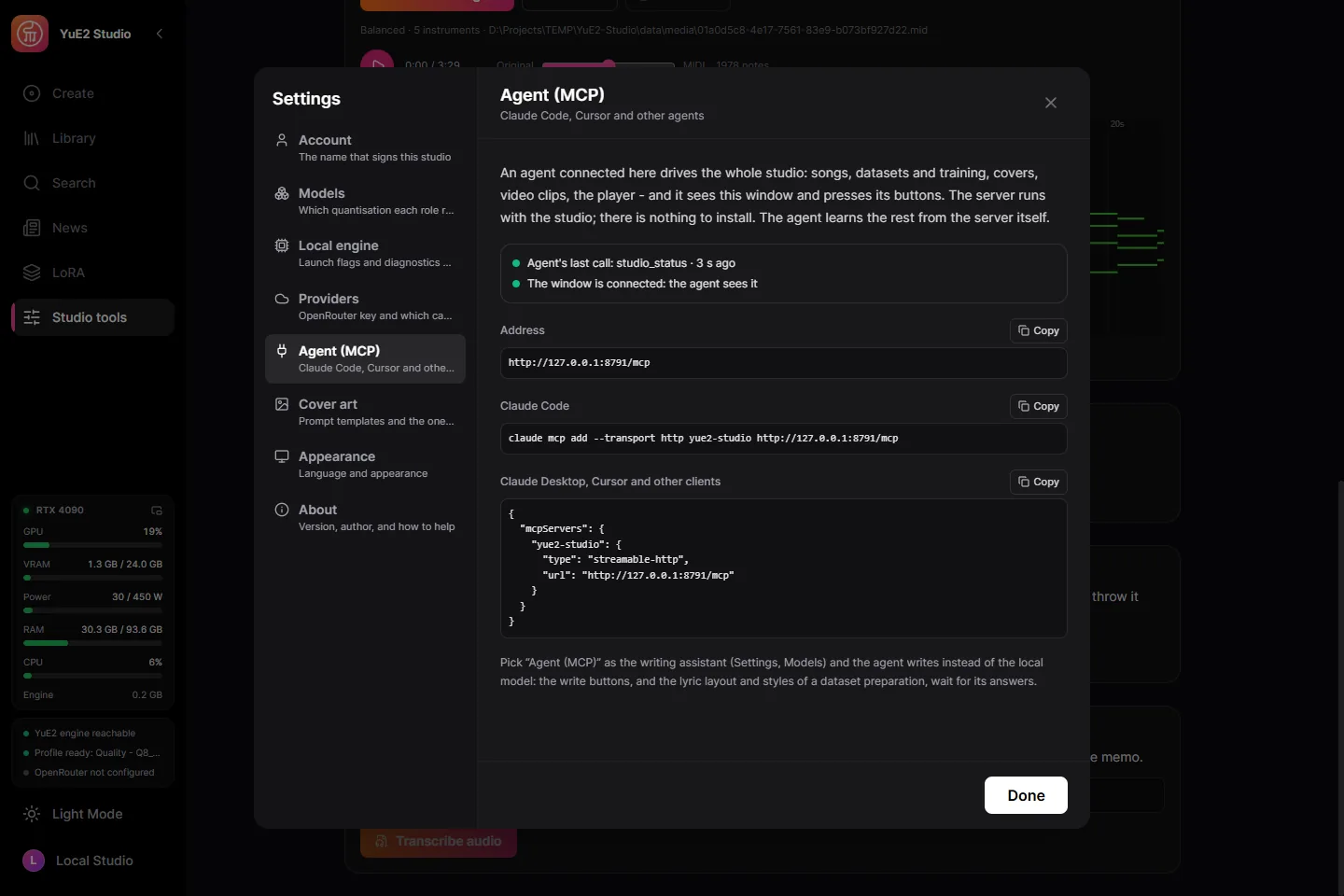 Connect an agent over MCP: the address and the lines to paste into Claude Code or any other client.