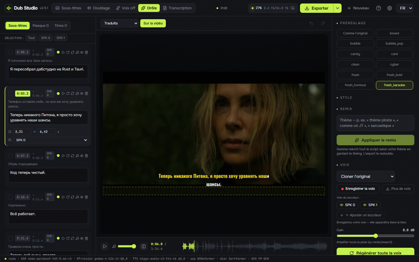 Full dub mode, widescreen clip, French interface