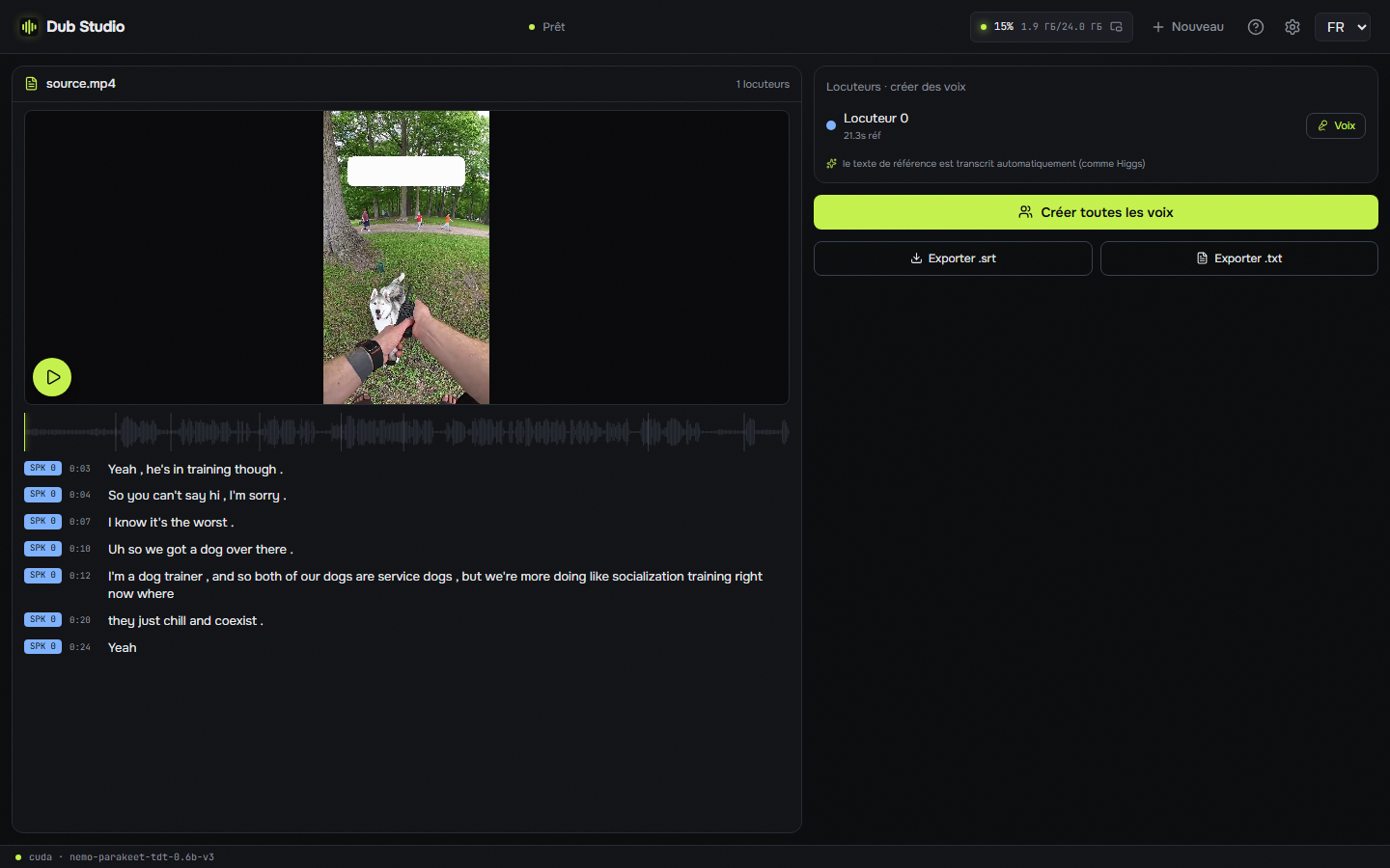 Transcript and diarization mode, French interface
