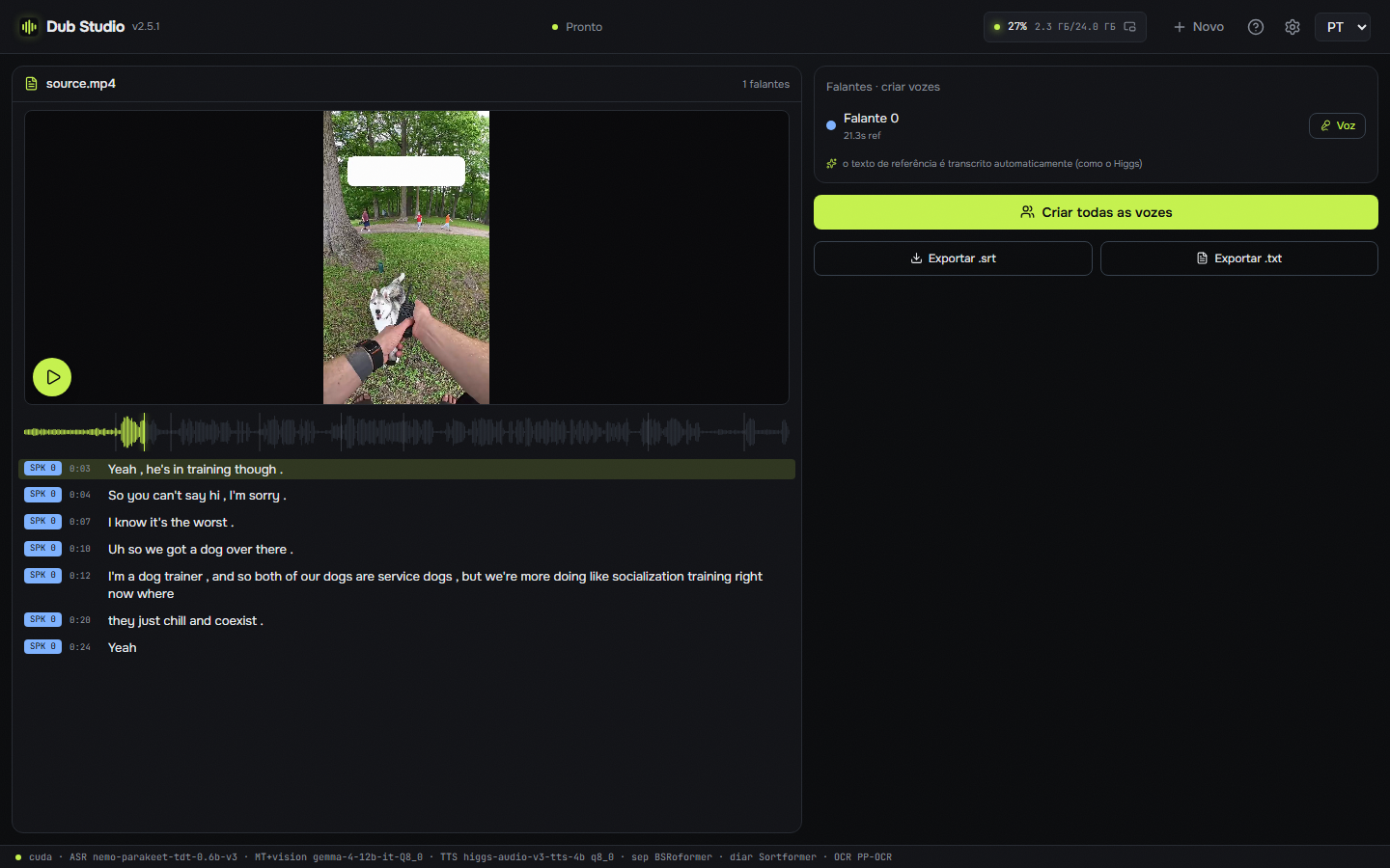 Transcript and diarization mode, Portuguese interface