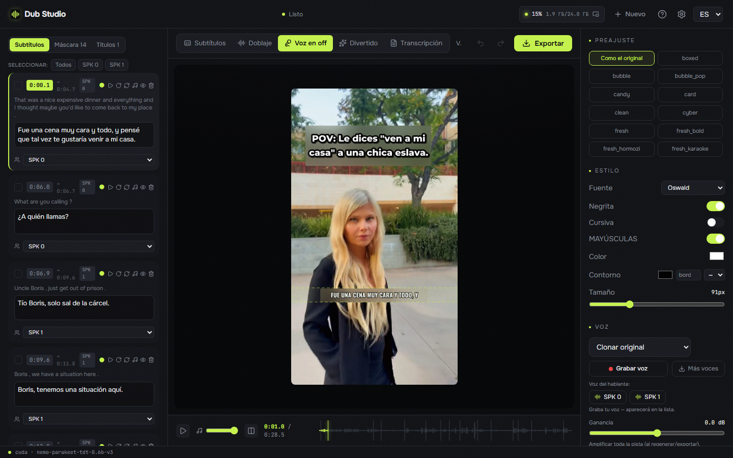 Voice-over mode, Spanish interface