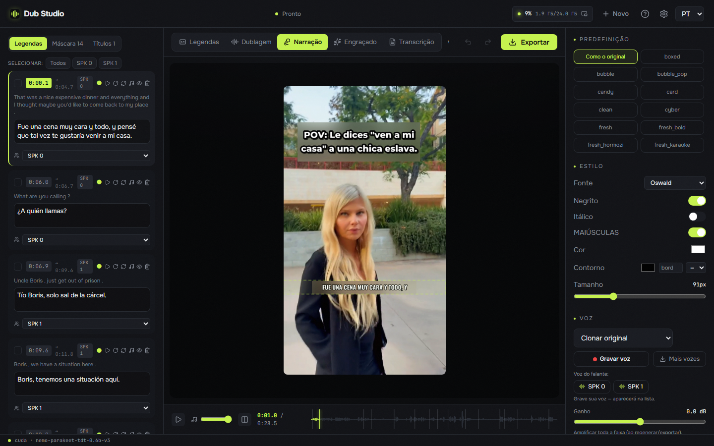 Voice-over mode, Portuguese interface