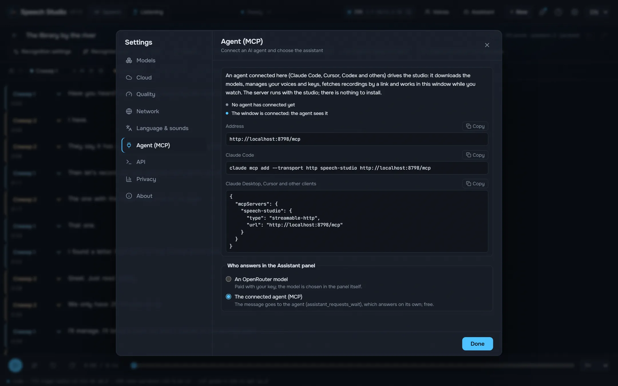 Settings, Agent (MCP): what to paste into the client.