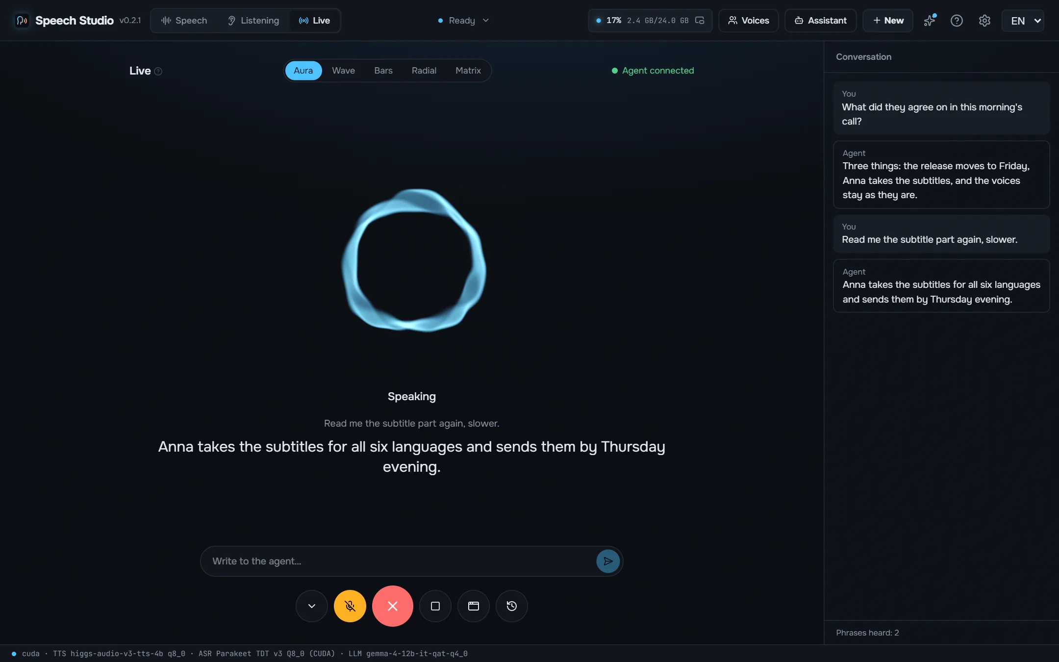 Live: a conversation with an agent by voice, what each side said on the right.