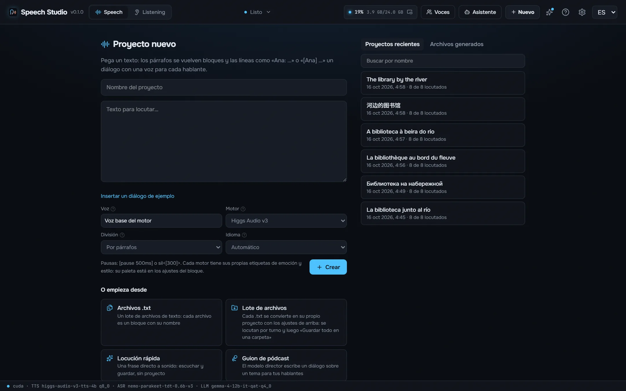 La pantalla de inicio: un texto, un libro, subtítulos o un pódcast se convierten en un proyecto.