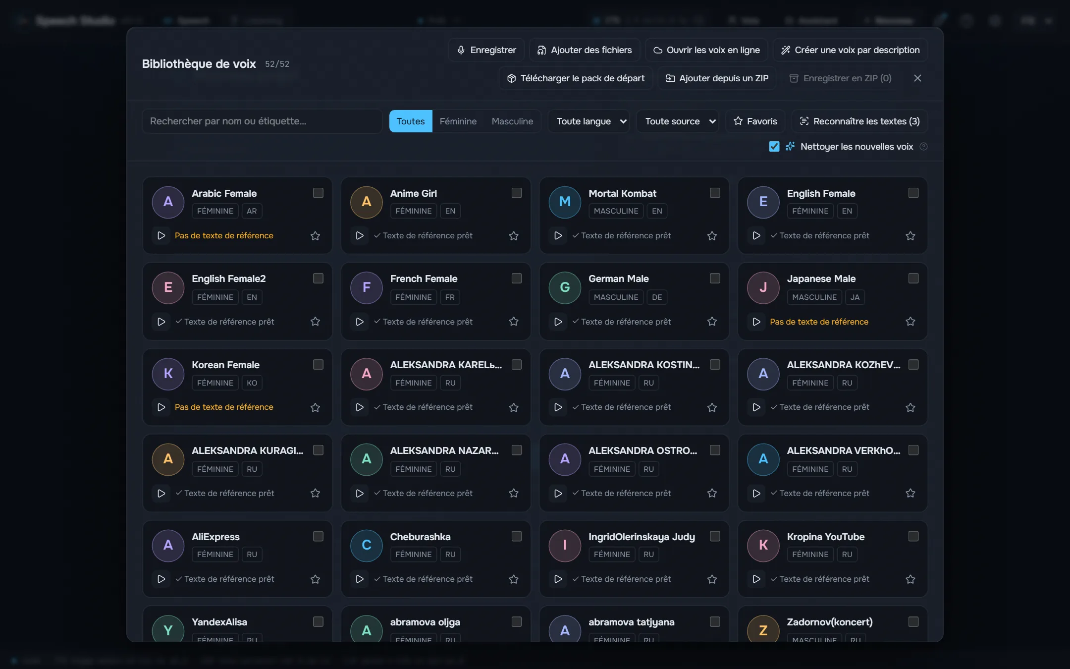 La bibliothèque de voix : un pack en un clic, enregistrement, import, nettoyage de l’échantillon.