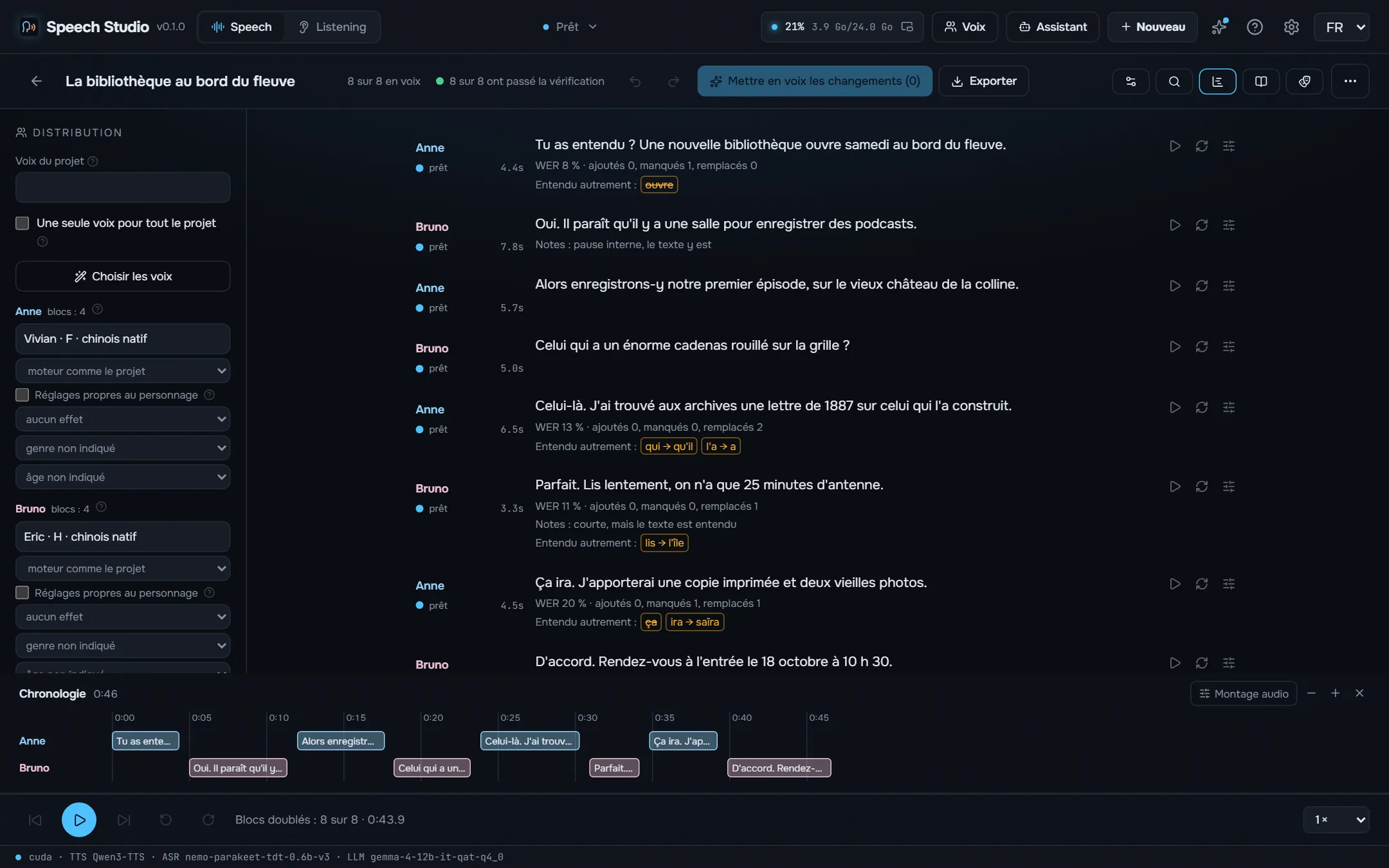 La timeline d’un dialogue avec chaque chevauchement.