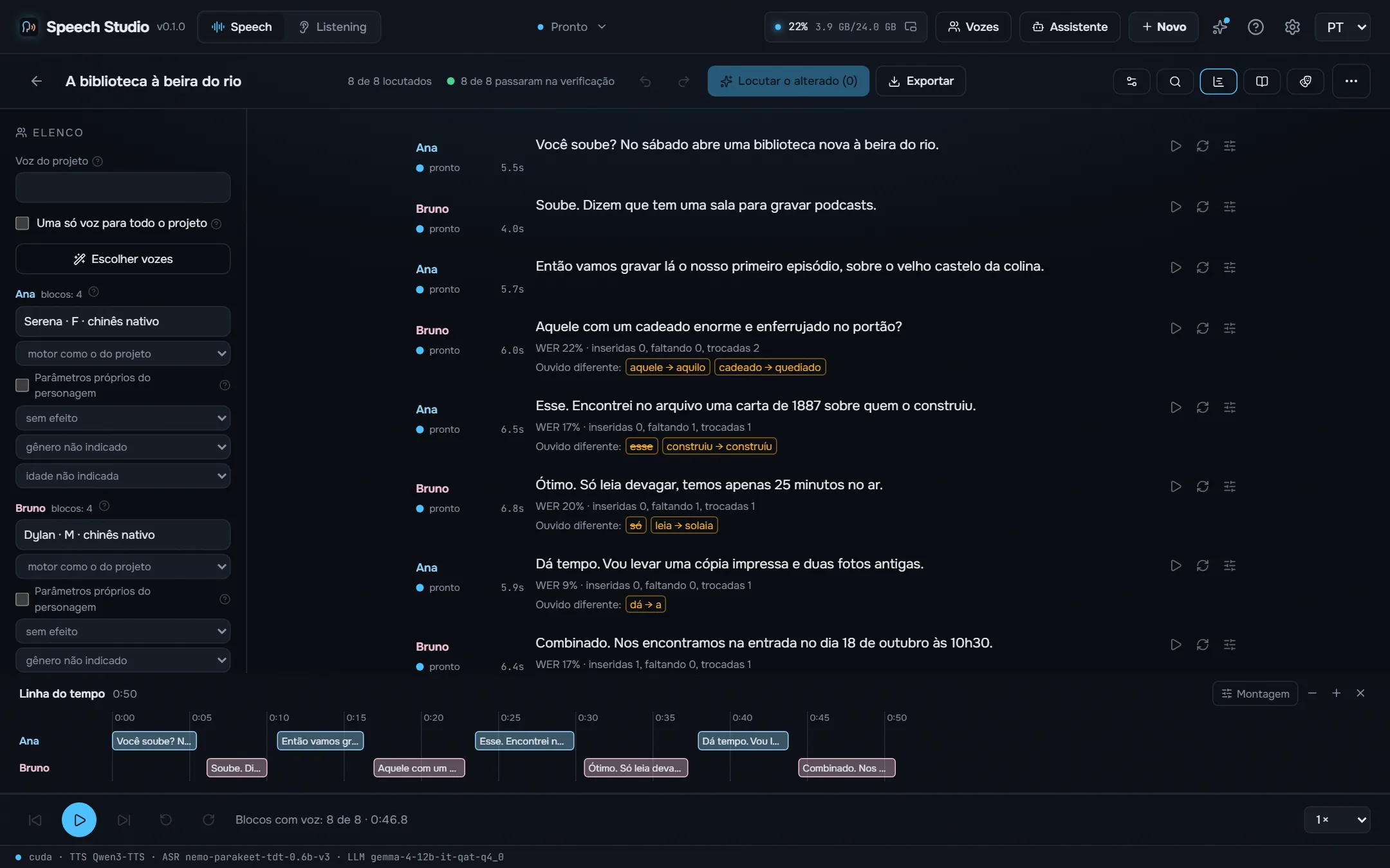 A linha do tempo de um diálogo com cada sobreposição.
