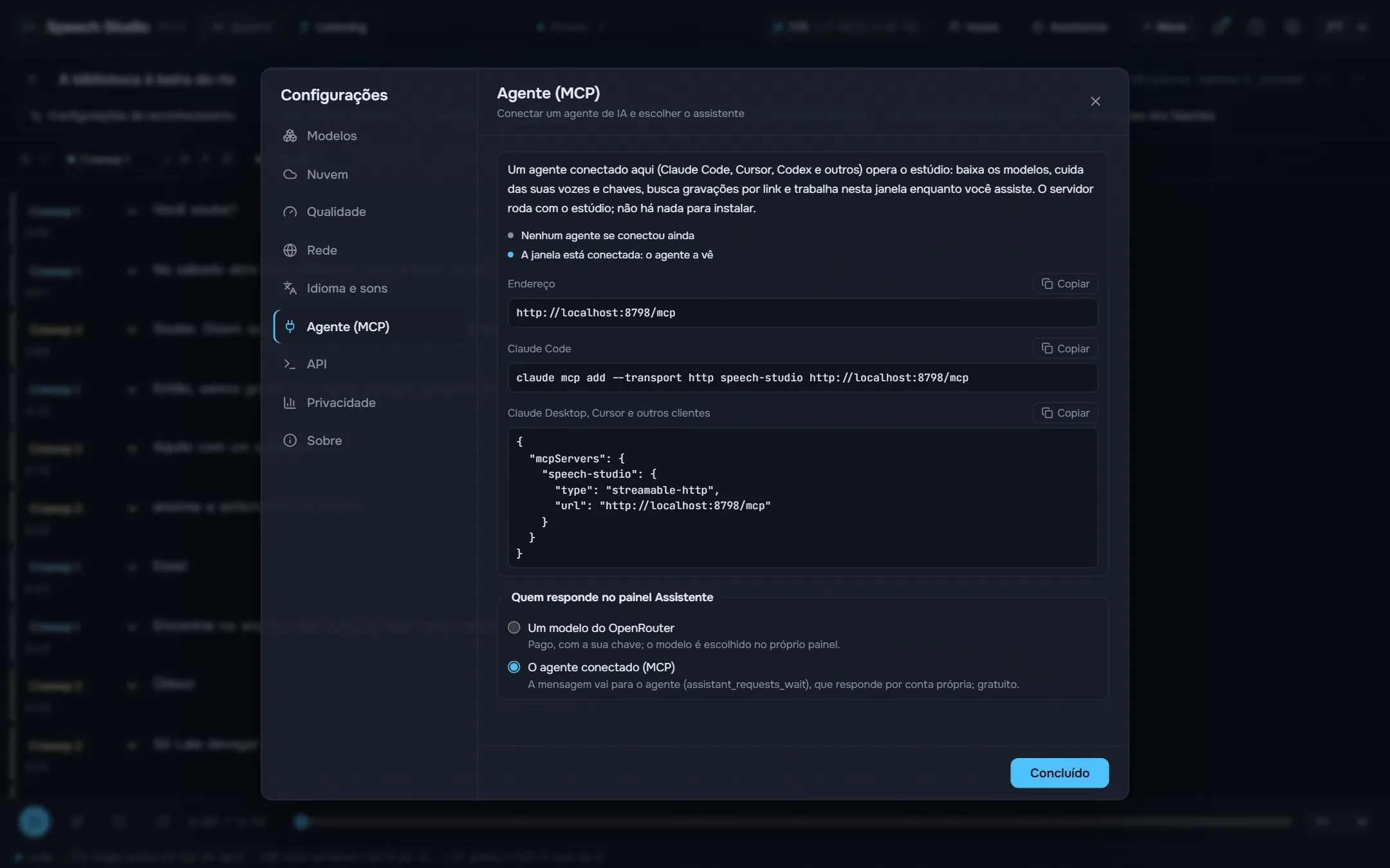 Configurações, Agente (MCP): o que colar no cliente.