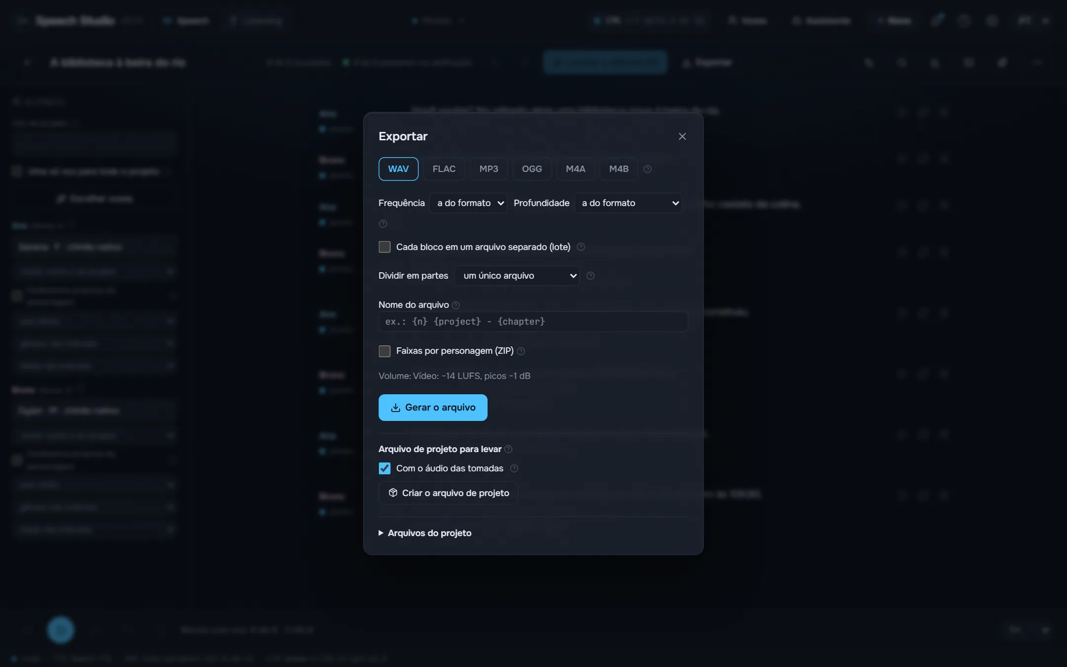 Exportar: formatos, loudness, capítulos e legendas.